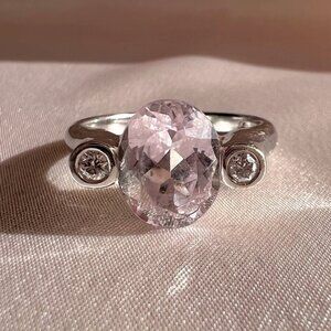 Vintage 14k White Gold Rose Quartz Diamond Bezel Engagement Ring